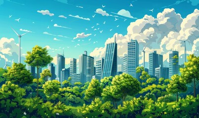 Obraz premium An illustration of energy efficiency in a modern cityscape, showcasing eco-friendly buildings with low power consumption, symbolizing green business practices and sustainable, Generative AI