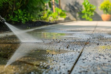 Fototapeta premium Pressure washing a concrete driveway, emphasizing home cleaning, maintenance, and household chores concept, seen in close-up detail
