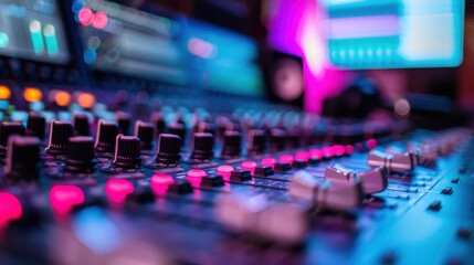 A focused image of a modern audio console featuring a mix of colorful illuminated controls, emphasizing the sophistication and functionality required for professional sound production.