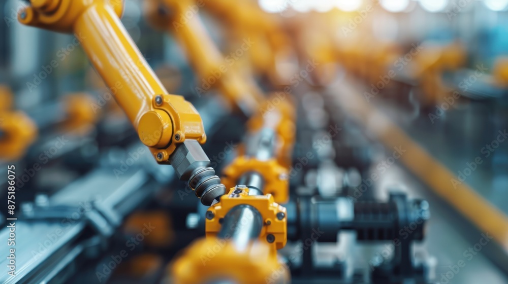 Poster this image showcases robotic arms operating on an automated manufacturing line within a factory sett