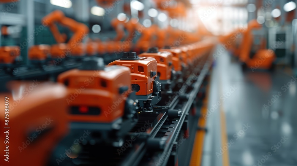Poster this image features an industrial assembly line filled with numerous orange robotic machines in a fa