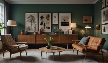 Fototapeta premium Stylish living room with mid-century modern furniture.