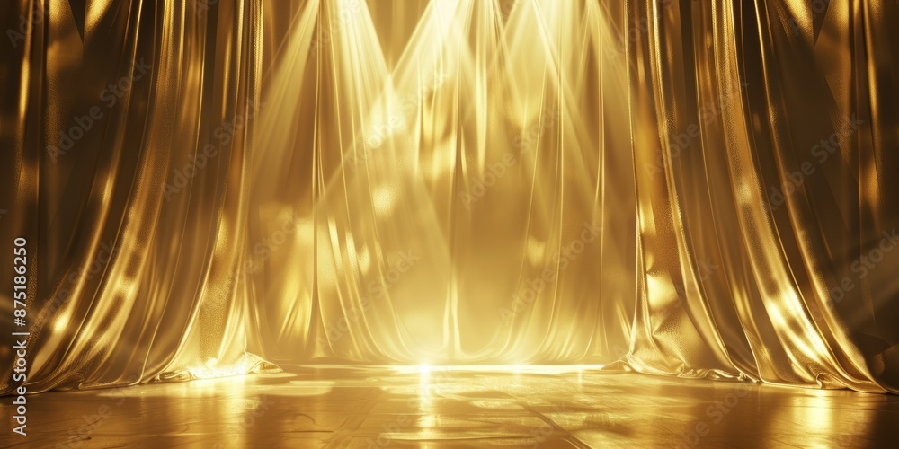Poster a golden background with white drapes and light beams, creating an elegant backdrop for promotional 