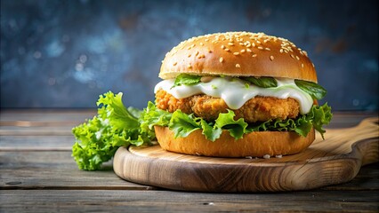 Crispy fish burger on a sesame seed bun with lettuce and tartar sauce, fast food, sandwich, seafood, delicious, lunch, meal, crispy