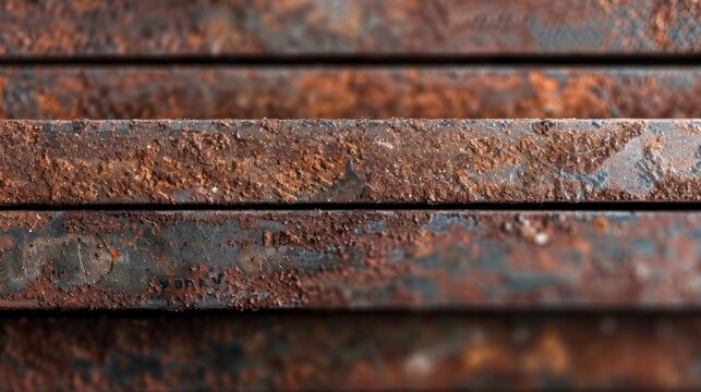 Multiple metal bars arranged in parallel, exhibiting expansive rust and corrosion details, reflecting the extensive deterioration process over a period of time.
