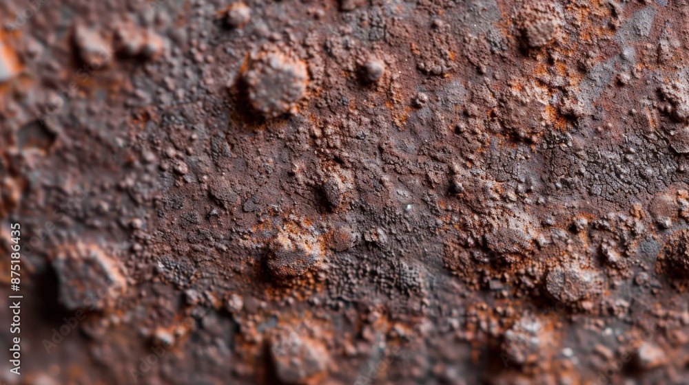 Poster a close-up of a rusty surface showcasing various textures and patterns, highlighting the effects of 