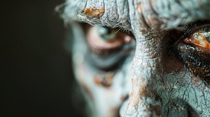 A close-up portrait photograph capturing a face richly patterned with deeply cracked paint, showcasing the contrasted textures and colors, invoking a sense of age and decay.
