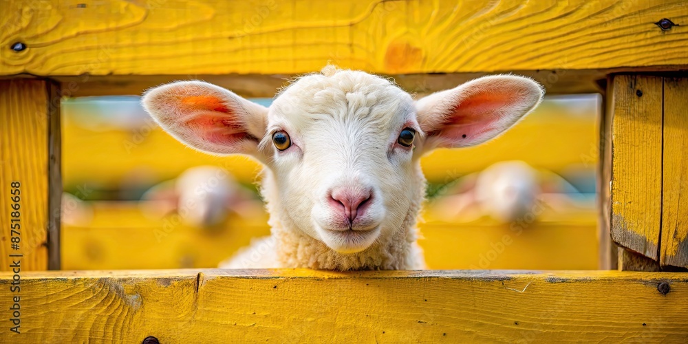 Wall mural funny cute lamb looking at camera through yellow wooden fence on farm, lamb, cute, funny, animal, fa