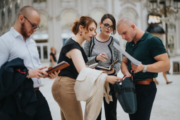 Group of four young professionals reviewing documents and collaborating on project ideas in an outdoor setting.