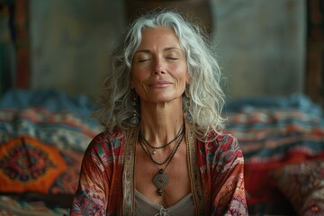 Naklejka premium Serene Senior Woman Practicing Meditation in Studio