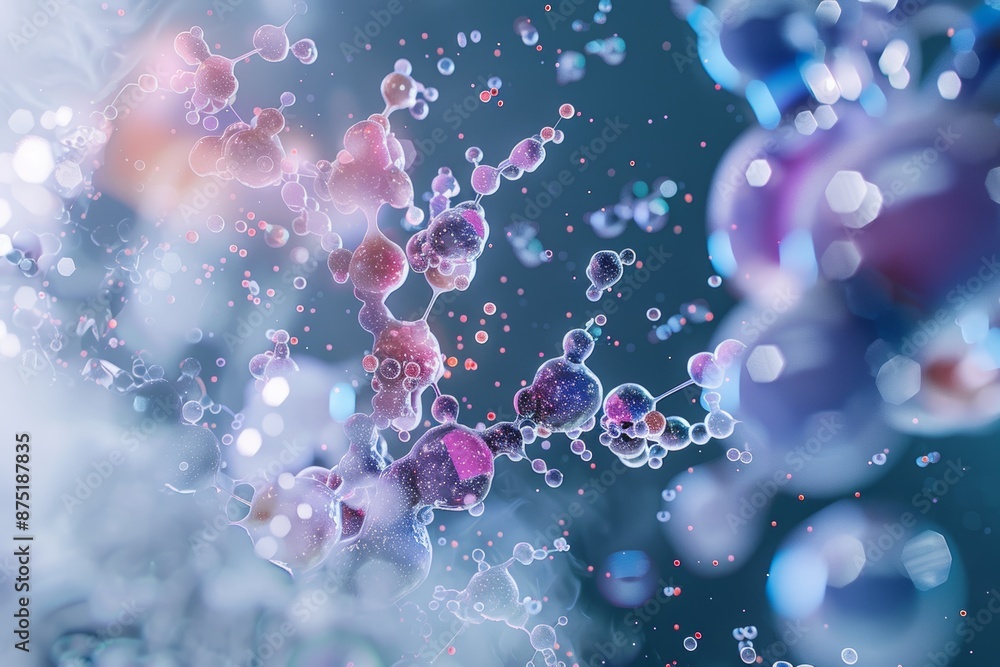 Wall mural abstract 3d illustration of a complex molecular structure with sparkling bubbles and a blue backgrou