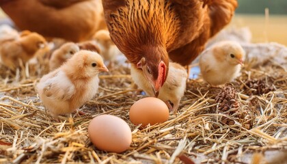 Hens and Chicks Feeding on Hay and Dried Grass with Scattered Eggs Providing a Picturesque and Serene Agricultural Setting.