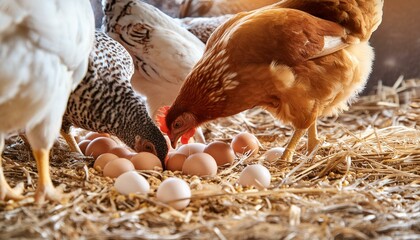 Free-Range Chickens Pecking at Hay and Dry Grasses on a Rustic Farmstead on a Sunny Day