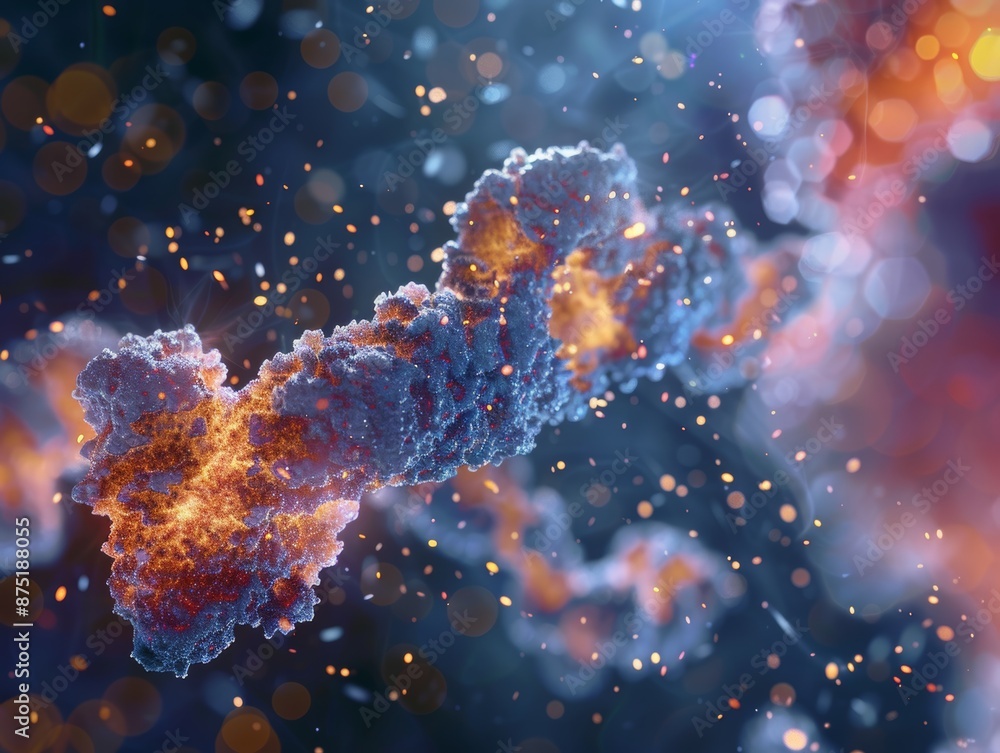 Wall mural abstract 3d render of a dna helix with glowing sparks and blue background