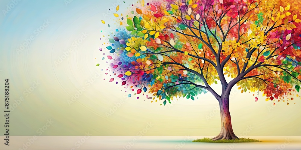 Poster Colorful tree with leaves on hanging branches background, floral, tree, colorful, multicolor, leaves, hanging branches