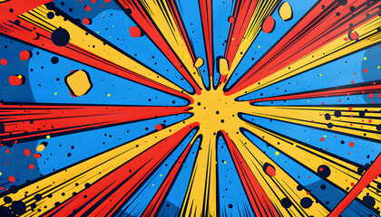 A bold comic-style image featuring a starburst pattern in yellow, red, and blue. The striking design and intense colors create a powerful visual impact, perfect for dynamic and energetic themes
