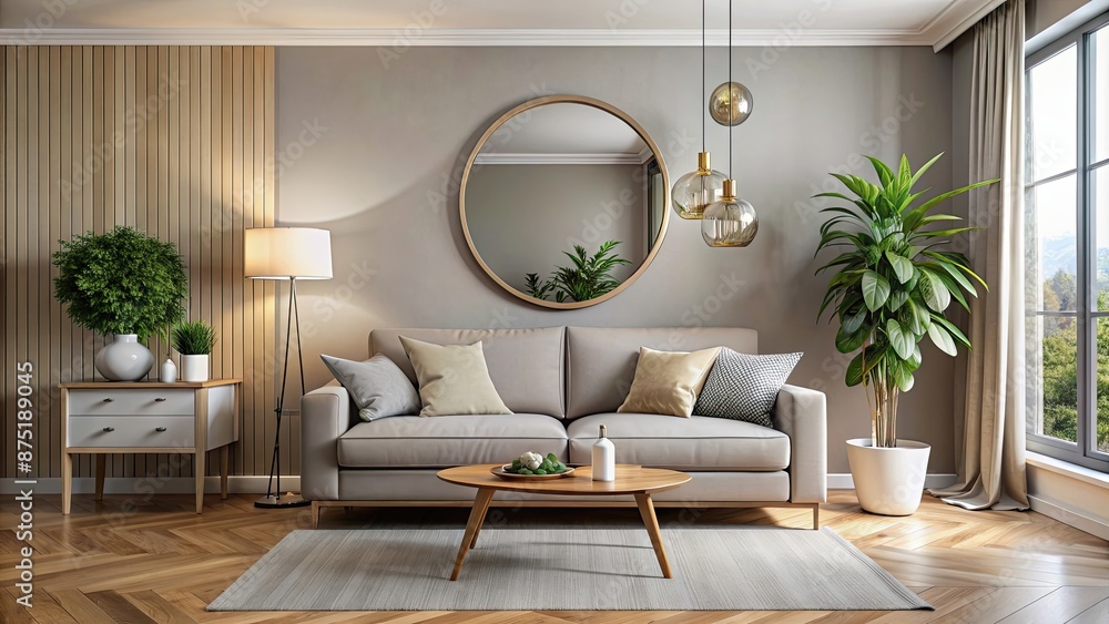 Poster Cozy living room interior with a stylish couch and a round mirror on the wall, home, interior, living room, cozy