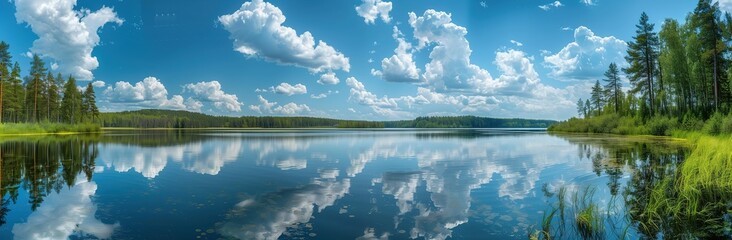 panoramic view of forest lake with blue sky and clouds in summer