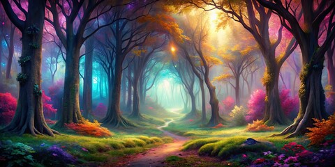 Obraz premium Enchanted forest with vibrant colors and mystical aura, magic, wood, fantasy, enchanted, forest, nature, whimsical