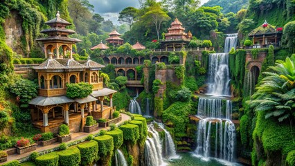 Fototapeta premium Elaborate architectural forms surrounded by lush foliage and waterfalls , ancient temples