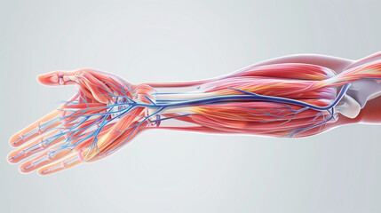 Anatomical illustration of the human hand, showcasing detailed structures 