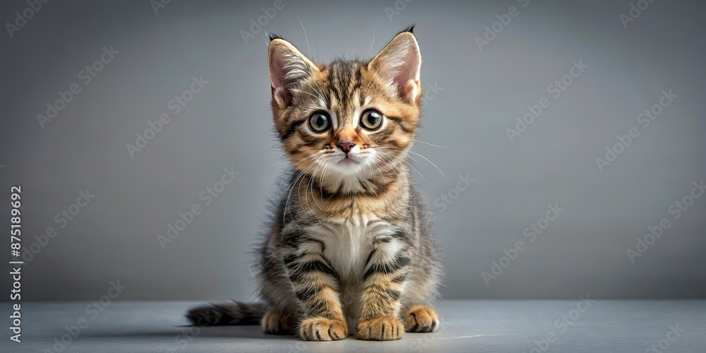 Wall mural Cute tabby kitten with big eyes sitting on a gray background, tabby, kitten, adorable, big eyes, grey, background, pet, feline