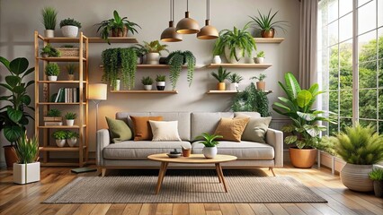 Cozy living room with a sofa surrounded by various plant pots, living room, interior, cozy, sofa, plants, pots, greenery