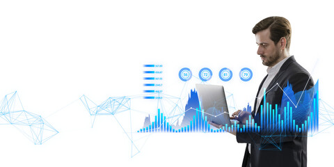 A businessman analyzing digital graphs on his laptop, digital illustration on a white background,...