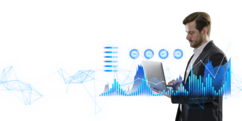 A businessman analyzing digital graphs on his laptop, digital illustration on a white background, concept of analytics