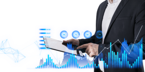 Businessman interacting with futuristic augmented reality graphs, white background, concept of modern finance and analytics