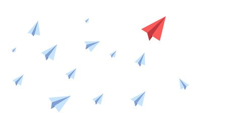 A red paper plane leading a group of blue paper planes on a light background, concept of leadership. 3D Rendering