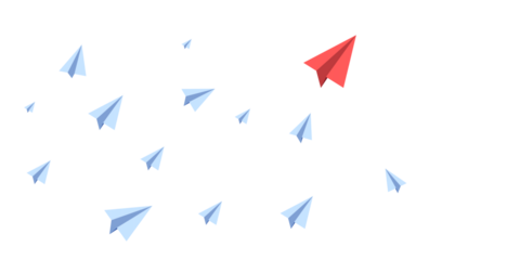 A red paper plane leading a group of blue paper planes on a light background, concept of leadership. 3D Rendering