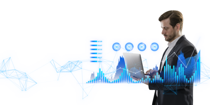 A businessman analyzing digital graphs on his laptop, digital illustration on a white background, concept of analytics