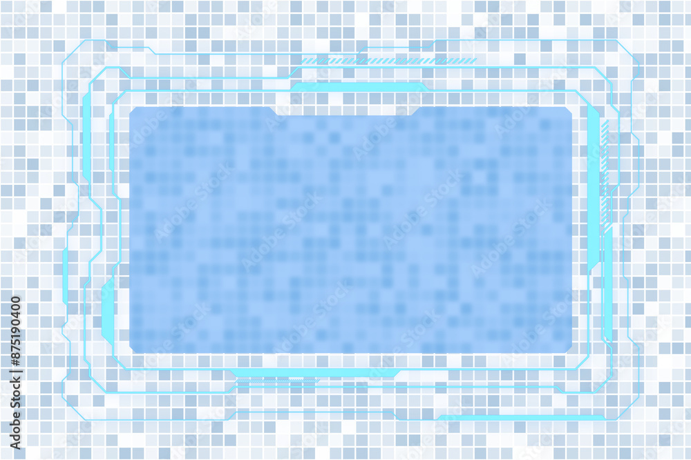 Poster a digital frame with a pixelated blue pattern and light blue accents on a transparent background, co