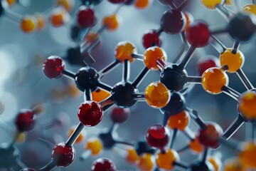 Abstract Molecular Structure with Red, Orange, and Black Spheres Connected by Silver Rods