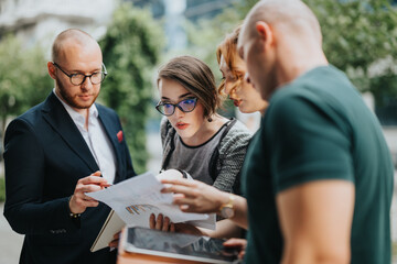 Group of business professionals collaborating on a project outdoors in a modern city setting, discussing charts and data.