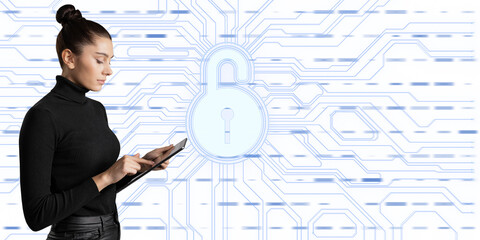 A woman focused on using a tablet against a digital lock and circuitry design, representing cybersecurity concepts on a white background