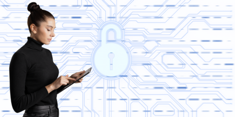A woman focused on using a tablet against a digital lock and circuitry design, representing cybersecurity concepts on a white background