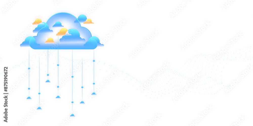 Poster Stylized cloud with raindrops and floating dots on a white background, illustrating connectivity or data cloud concept. 3D Rendering