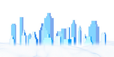 Abstract cityscape illustration with blue skyscrapers, digital wavy grid, on a white background, concept of urban development. 3D Rendering