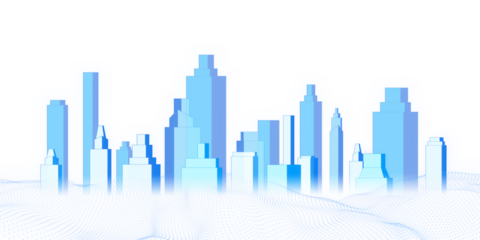 Abstract cityscape illustration with blue skyscrapers, digital wavy grid, on a white background, concept of urban development. 3D Rendering
