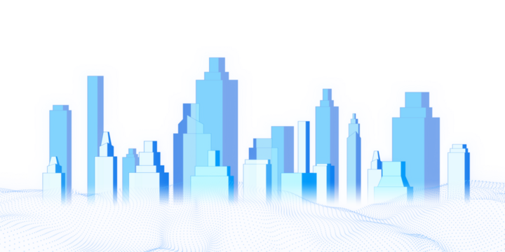 Abstract cityscape illustration with blue skyscrapers, digital wavy grid, on a white background, concept of urban development. 3D Rendering