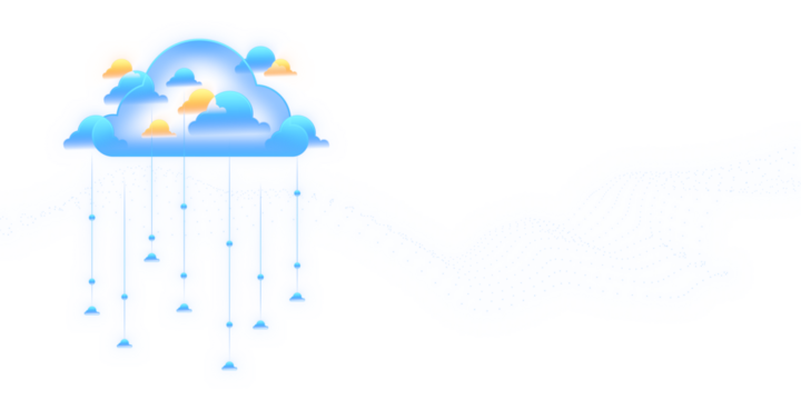 Stylized cloud with raindrops and floating dots on a white background, illustrating connectivity or data cloud concept. 3D Rendering