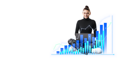 A woman with a laptop sitting on a white background with graphical financial bar and line charts overlayed, concept of business analysis