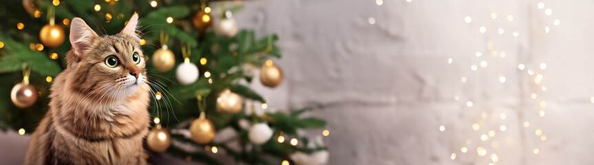 horizontal image, front view portrait of a cat with Christmas tree. For new year, Christmas celebration, banner, design, shop, blog, poster, interior, family, linkedin. Copy space for text