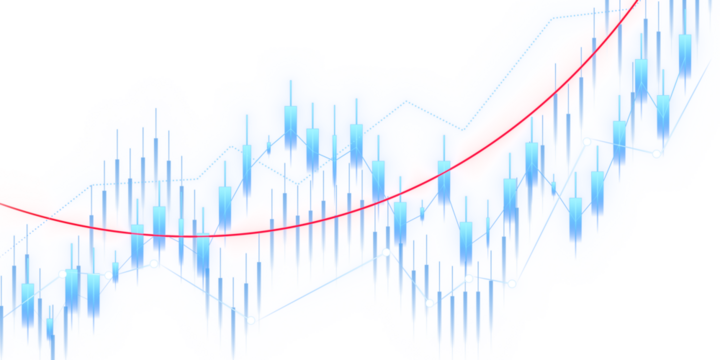An abstract financial chart with candlestick patterns and a trend line on a white background, representing market analysis. 3D Rendering