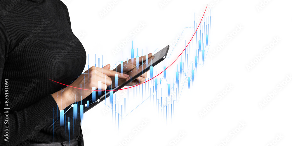 Poster An unidentifiable person interacting with a digital chart on a tablet against a white background, illustrating data analysis