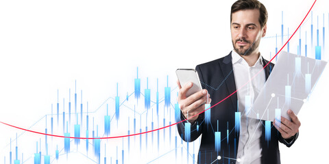 A businessman with a phone and documents with digital financial chart overlays, on a white background, concept of stock analysis