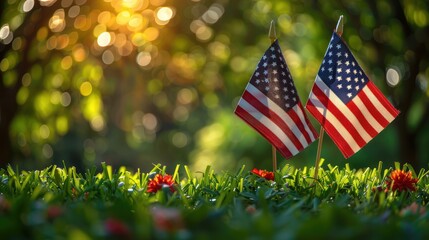 Memorial Day Tribute: Defocused American Flags in Grass Create Abstract Patriotic Background