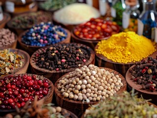 Fototapeta premium Assortment of Spices in Wooden Bowls on a Tabletop
